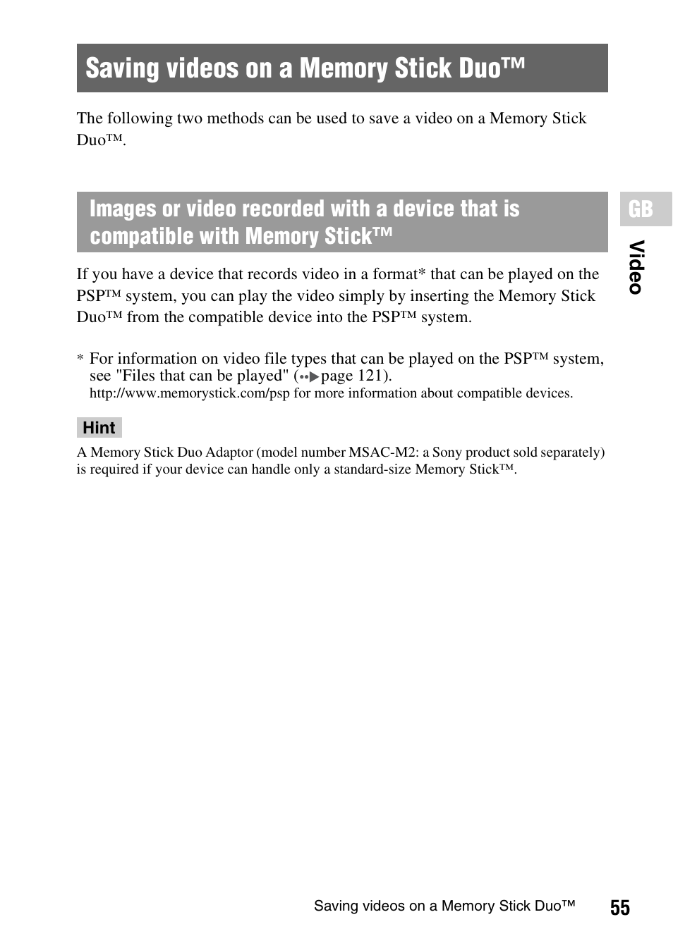 Saving videos on a memory stick duo | Sony PSP-1006 K User Manual | Page 55 / 268