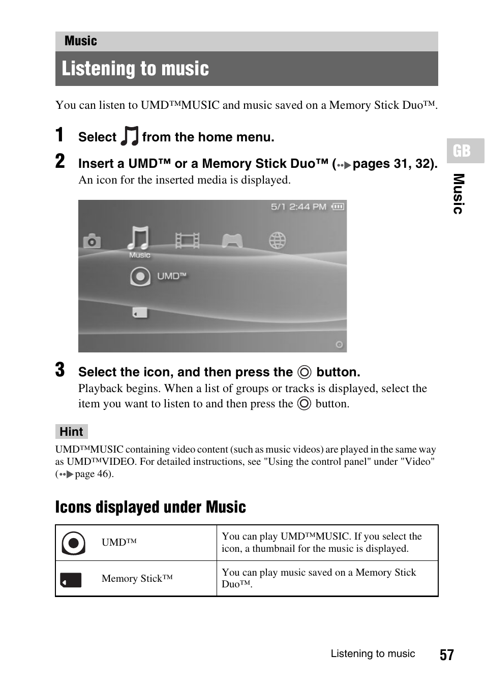 Music, Listening to music, Icons displayed under music | Sony PSP-1006 K User Manual | Page 57 / 268