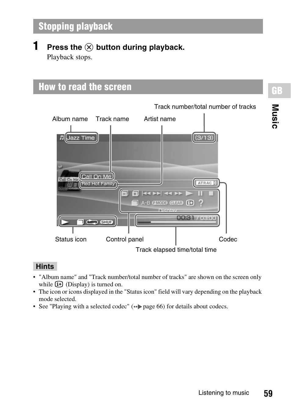 Stopping playback how to read the screen, 59 mu sic | Sony PSP-1006 K User Manual | Page 59 / 268