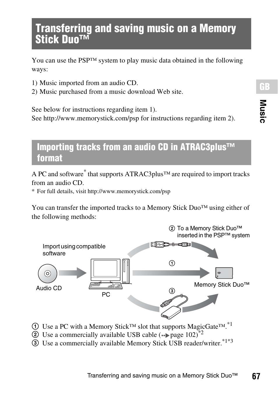 Transferring and saving music, On a memory stick duo, 67 mu sic | Sony PSP-1006 K User Manual | Page 67 / 268