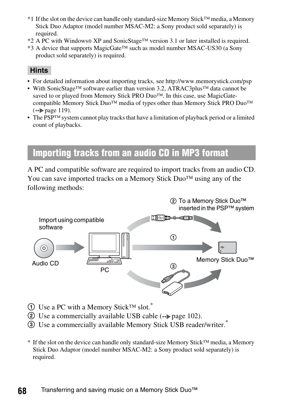 Importing tracks from an audio cd in mp3 format | Sony PSP-1006 K User Manual | Page 68 / 268