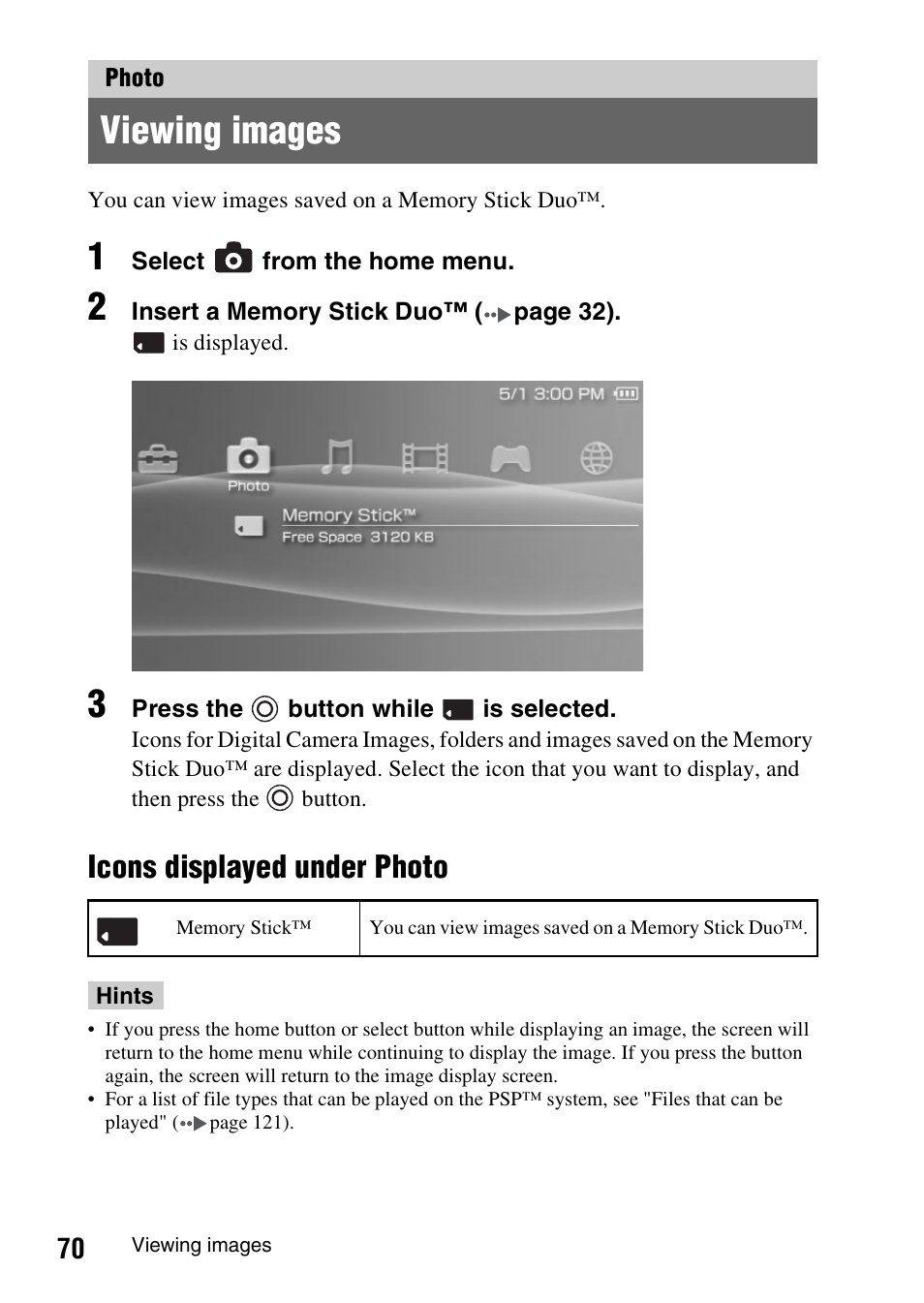 Photo, Viewing images, Icons displayed under photo | Sony PSP-1006 K User Manual | Page 70 / 268