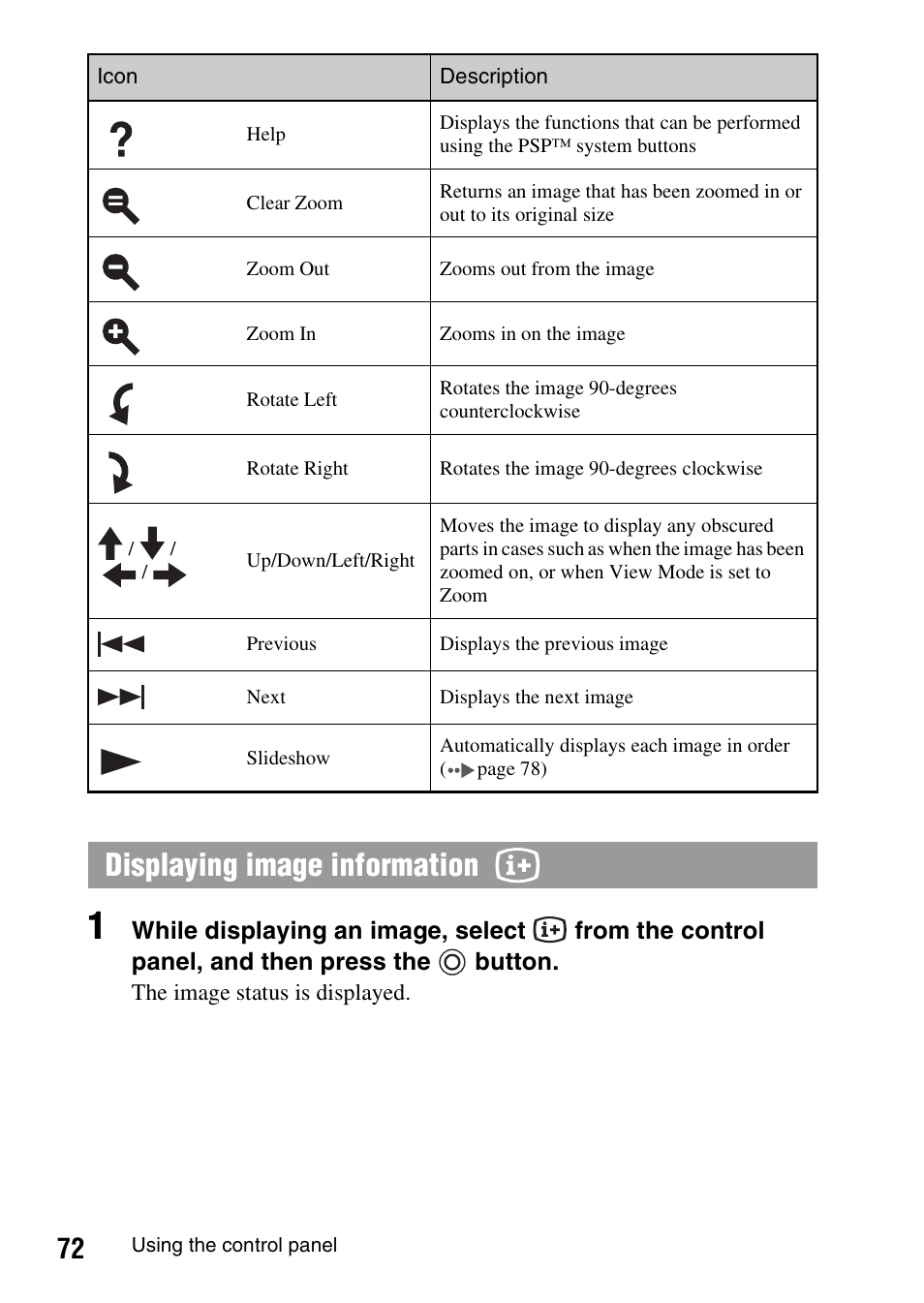 Displaying image information | Sony PSP-1006 K User Manual | Page 72 / 268