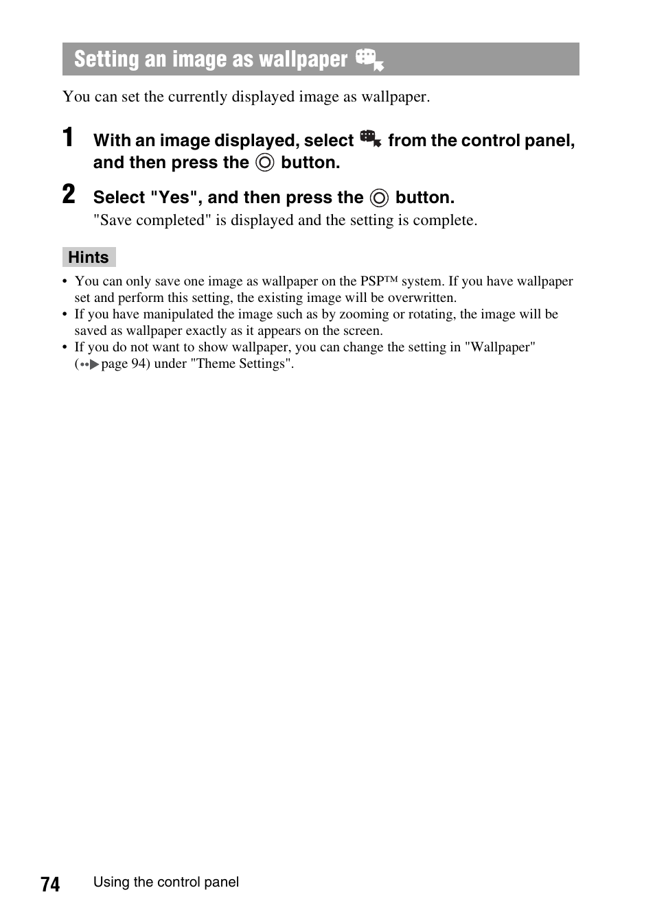 Setting an image as wallpaper | Sony PSP-1006 K User Manual | Page 74 / 268