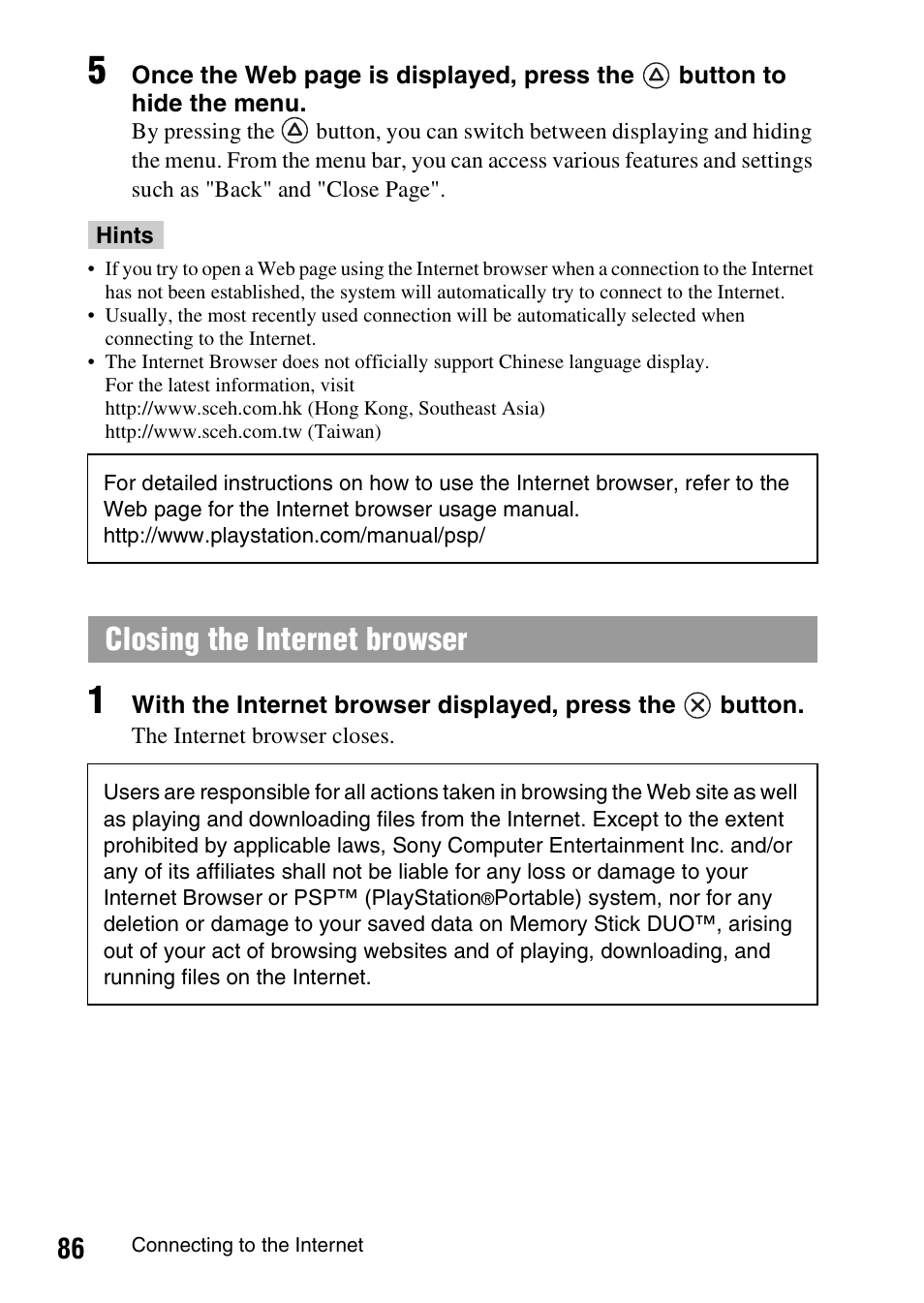 Closing the internet browser | Sony PSP-1006 K User Manual | Page 86 / 268