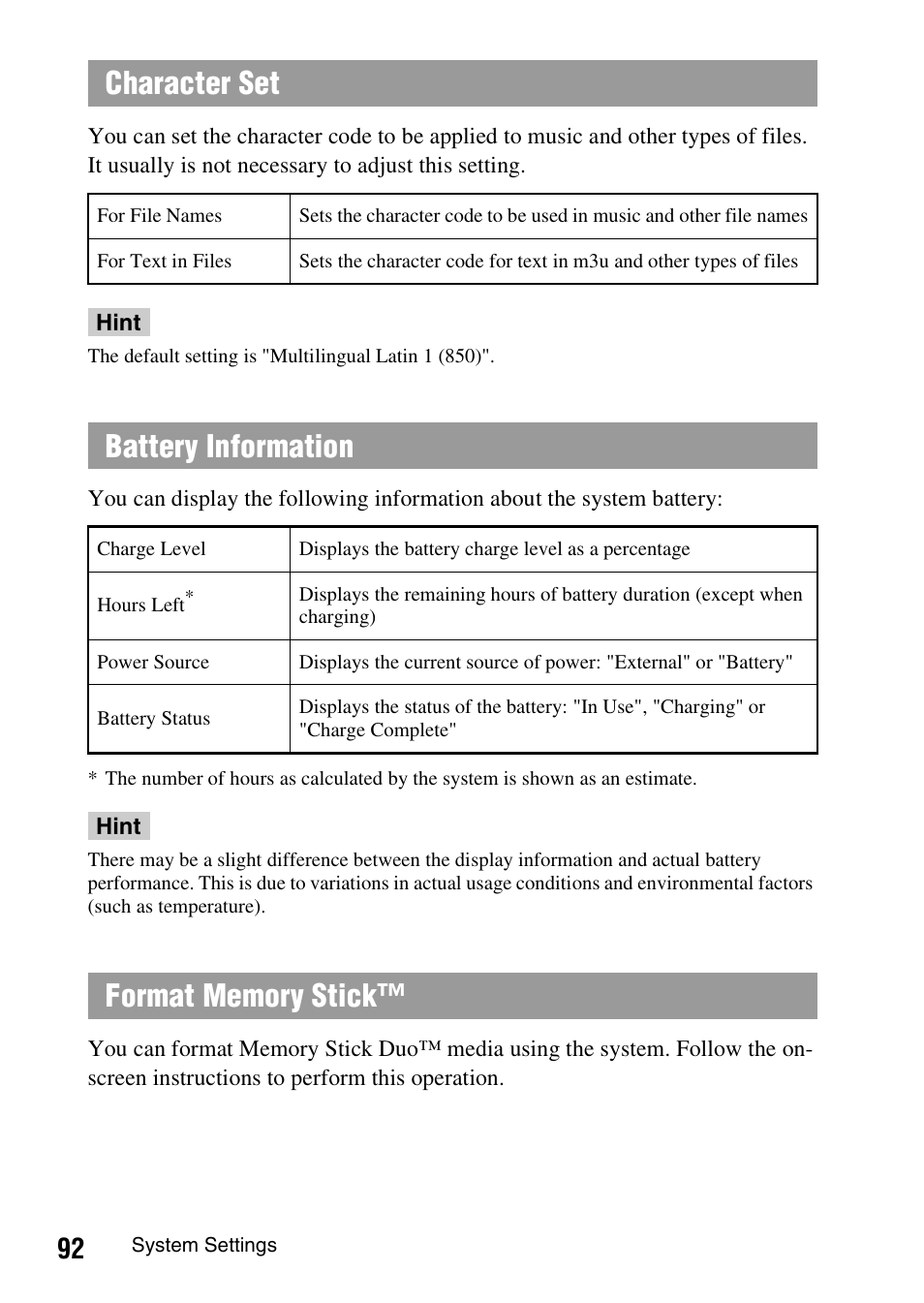 Character set, Battery information | Sony PSP-1006 K User Manual | Page 92 / 268