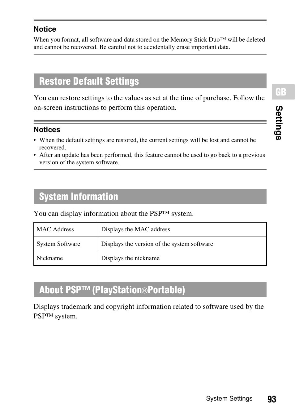 Restore default settings system information, About psp™ (playstation, Portable) | 93 settin g s | Sony PSP-1006 K User Manual | Page 93 / 268