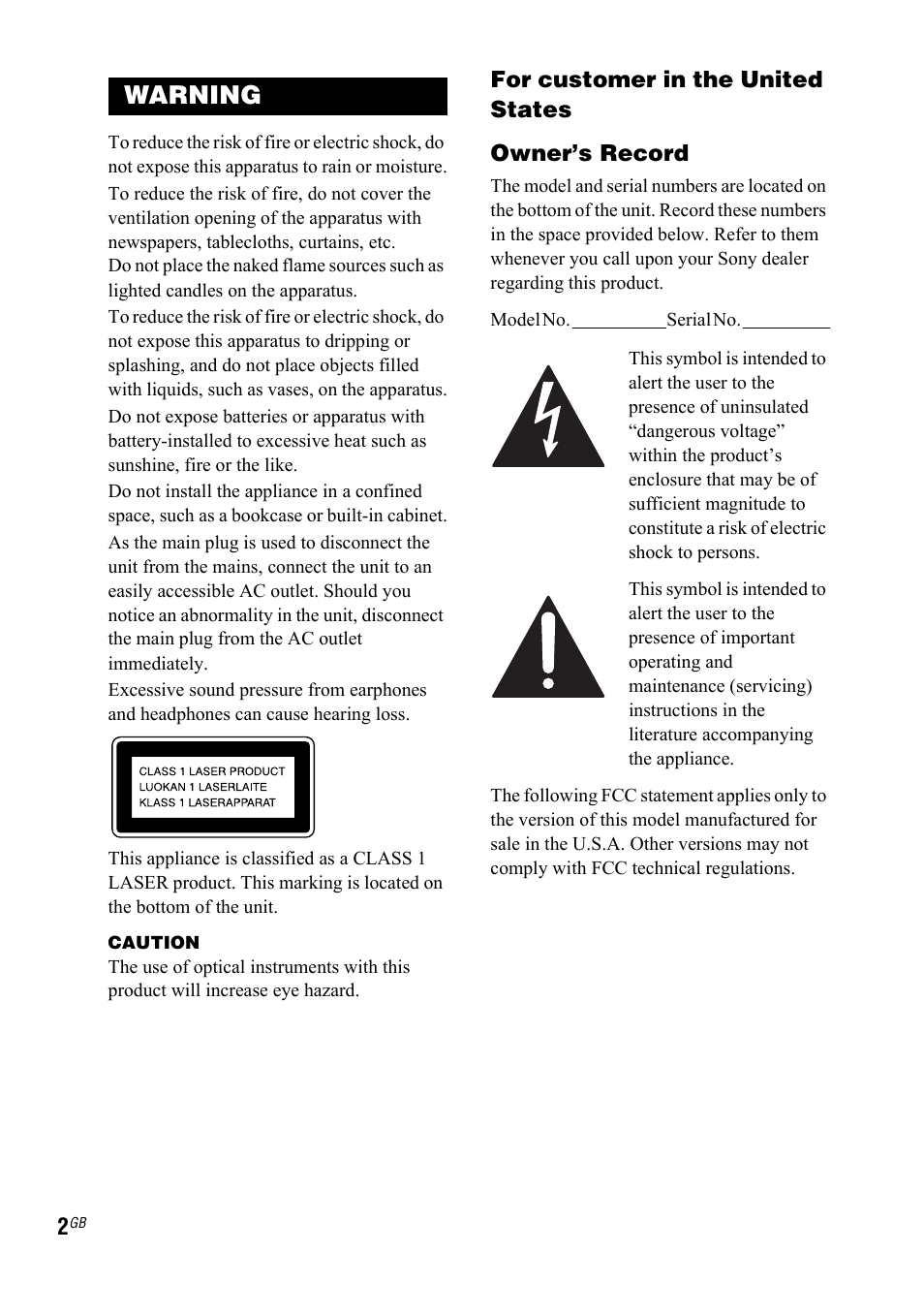 Warning | Sony 3-300-703-11(2) User Manual | Page 2 / 56