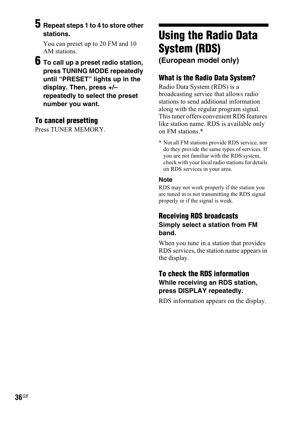Using the radio data system (rds), European model only), Using the radio data system | Rds) | Sony 3-300-703-11(2) User Manual | Page 36 / 56