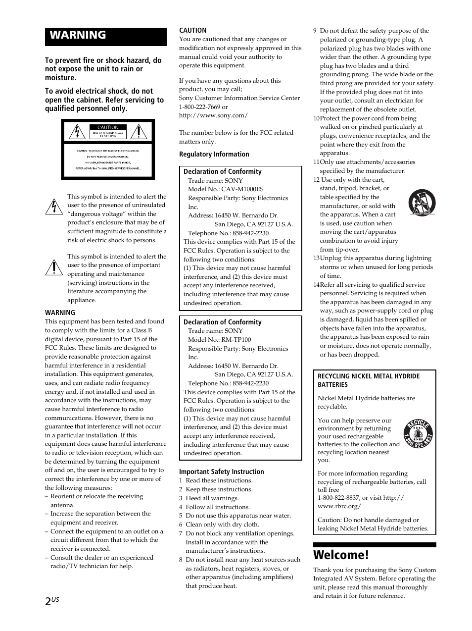Welcome, Warning | Sony CAV-M1000ES User Manual | Page 2 / 44