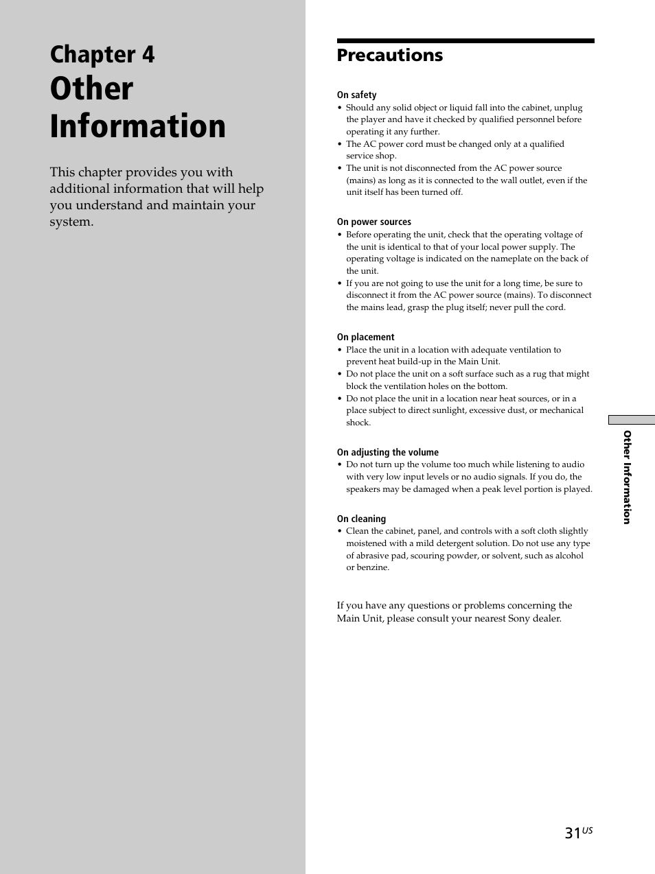 Chapter 4 other information, Precautions, Precautions 31 | Other information, Chapter 4 | Sony CAV-M1000ES User Manual | Page 31 / 44