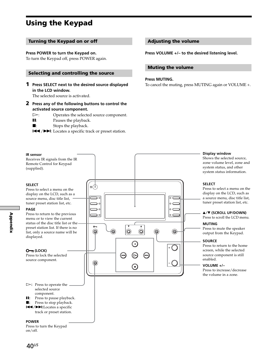 Using the keypad, Using the keypad 40 | Sony CAV-M1000ES User Manual | Page 40 / 44