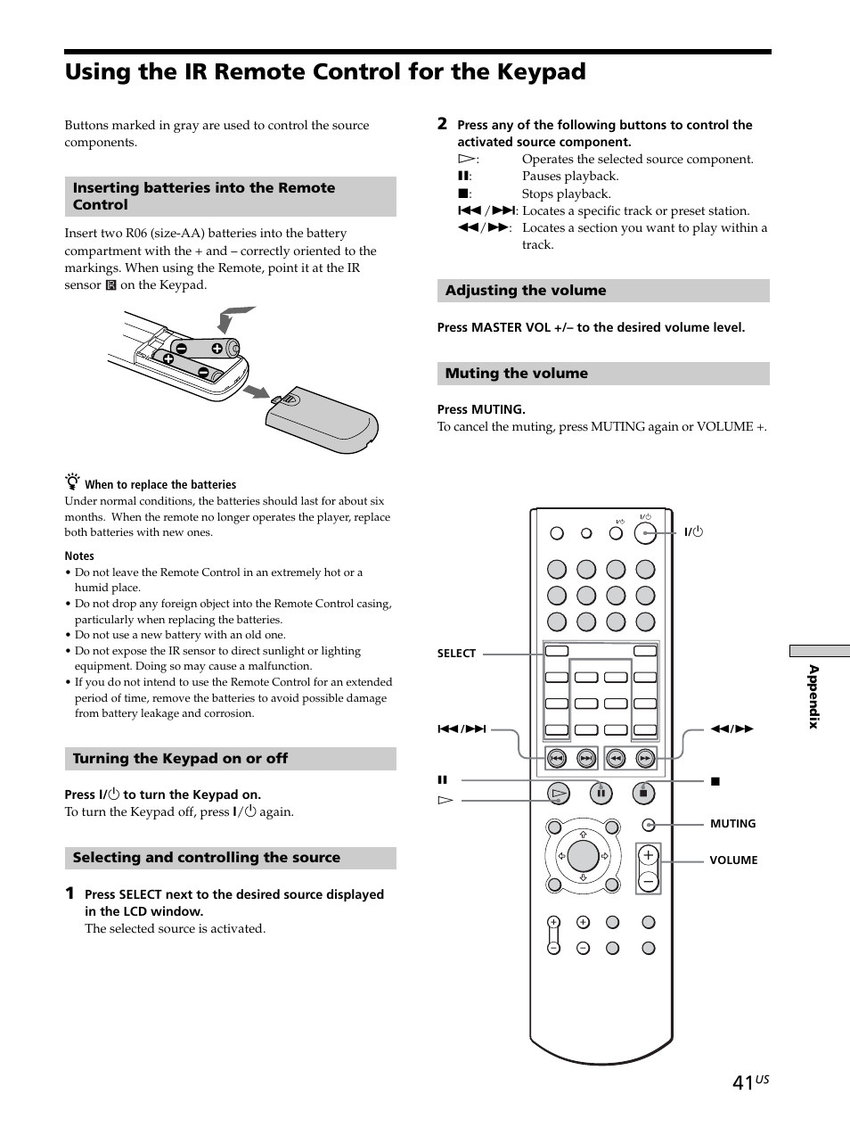 Using the ir remote control for the keypad, Using the ir remote control for the keypad 41, Inserting batteries into the remote control | Turning the keypad on or off, Selecting and controlling the source, Adjusting the volume, Muting the volume | Sony CAV-M1000ES User Manual | Page 41 / 44