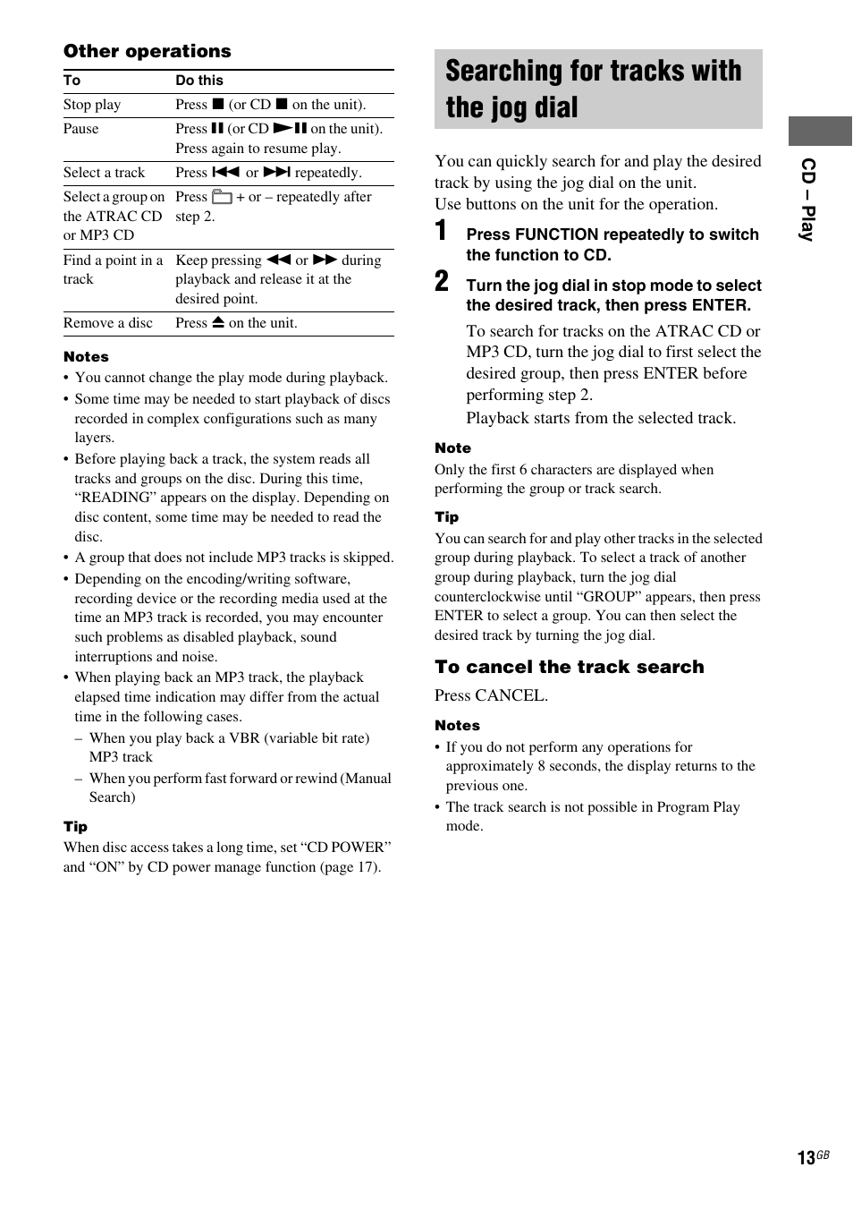 Searching for tracks with the jog dial | Sony CMT-GPZ7 User Manual | Page 13 / 40