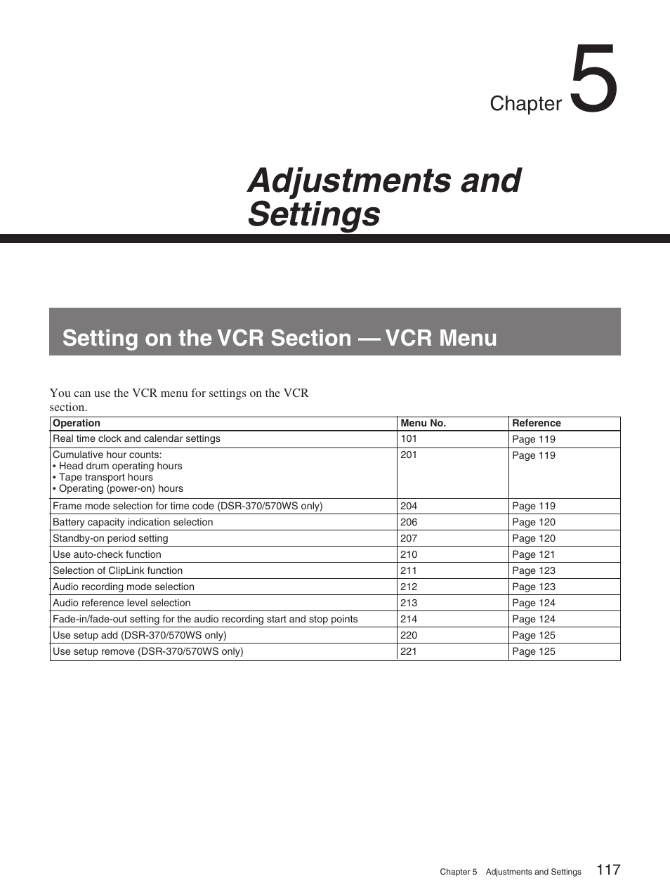 Chapter 5 adjustments and settings, Setting on the vcr section — vcr menu, Adjustments and settings | Chapter | Sony 370PL User Manual | Page 117 / 160