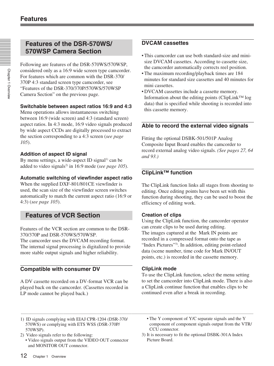 Features of the dsr-570ws/570wsp camera section, Features of vcr section | Sony 370PL User Manual | Page 12 / 160