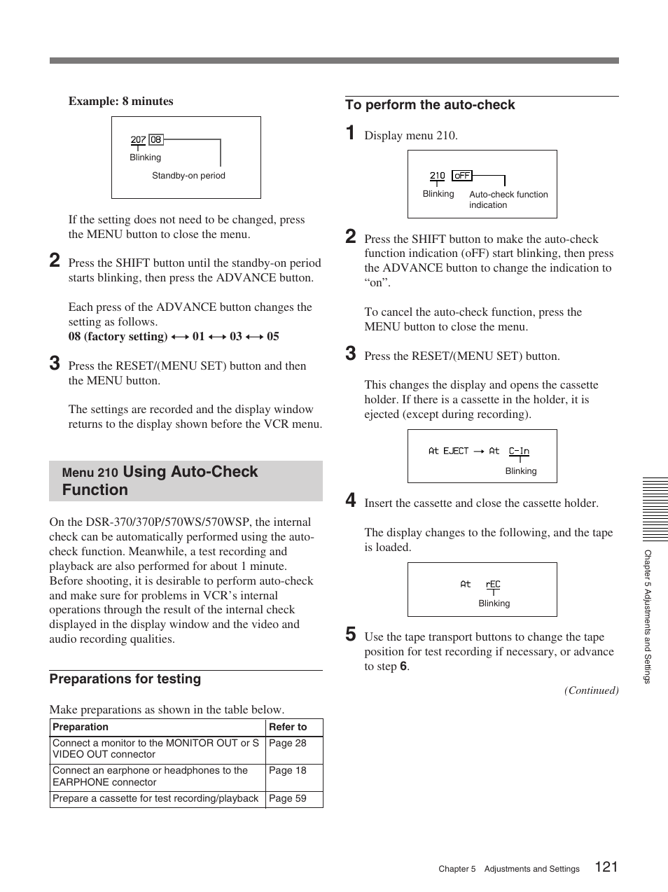 Menu 210 using auto-check function, Using auto-check function | Sony 370PL User Manual | Page 121 / 160