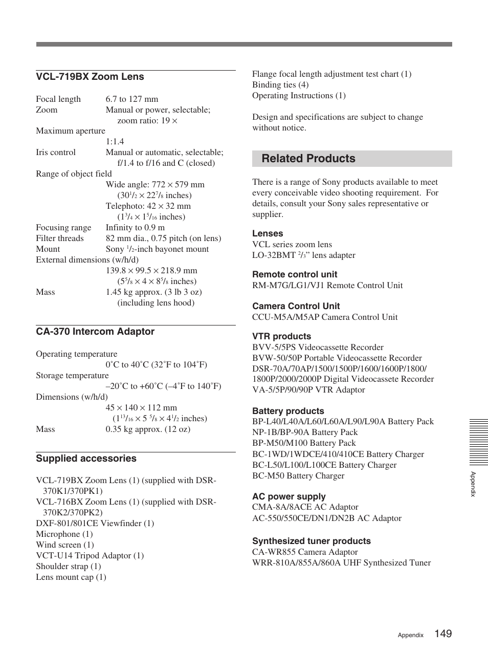 Related products | Sony 370PL User Manual | Page 149 / 160
