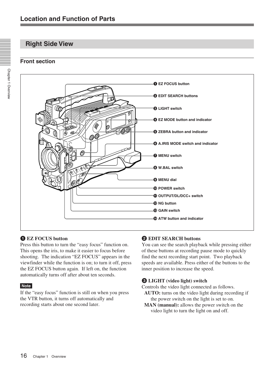 Right side view, Location and function of parts right side view | Sony 370PL User Manual | Page 16 / 160