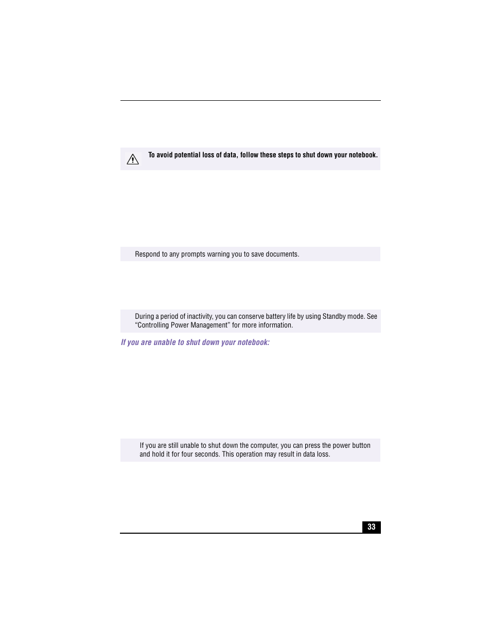 Shutting down your notebook, 1 click the start button on the windows® taskbar, 3 select shut down | 4 click ok, If you are unable to shut down your notebook, 1 close or end all operations | Sony PCG-R505TS User Manual | Page 33 / 150