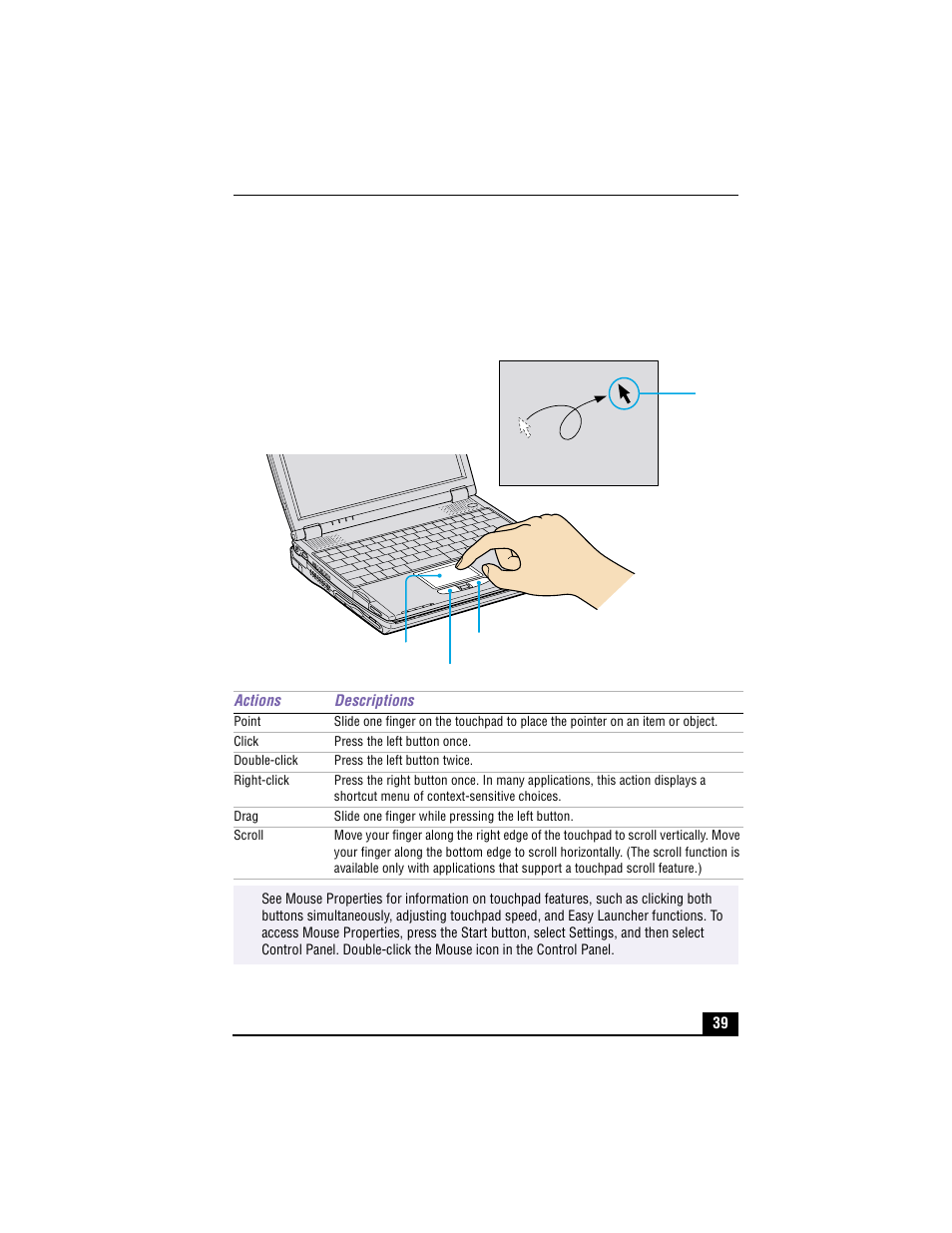 Using the touchpad, Touchpad | Sony PCG-R505TS User Manual | Page 39 / 150