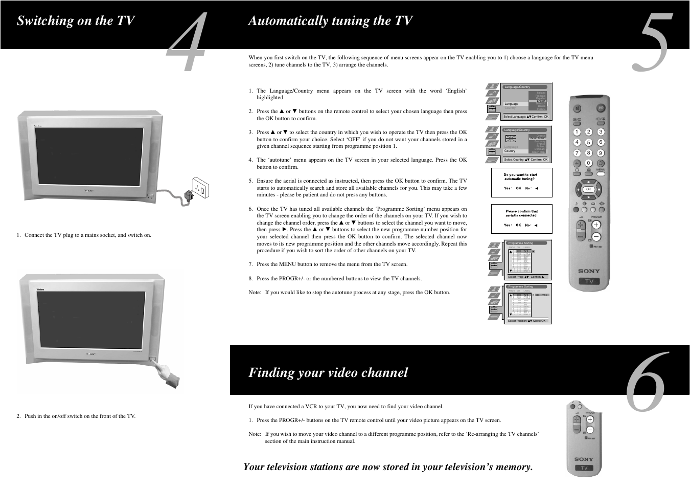 Switching on the tv, Automatically tuning the tv, Finding your video channel | Sony Installation Guide KV-32FX65U User Manual | Page 2 / 2