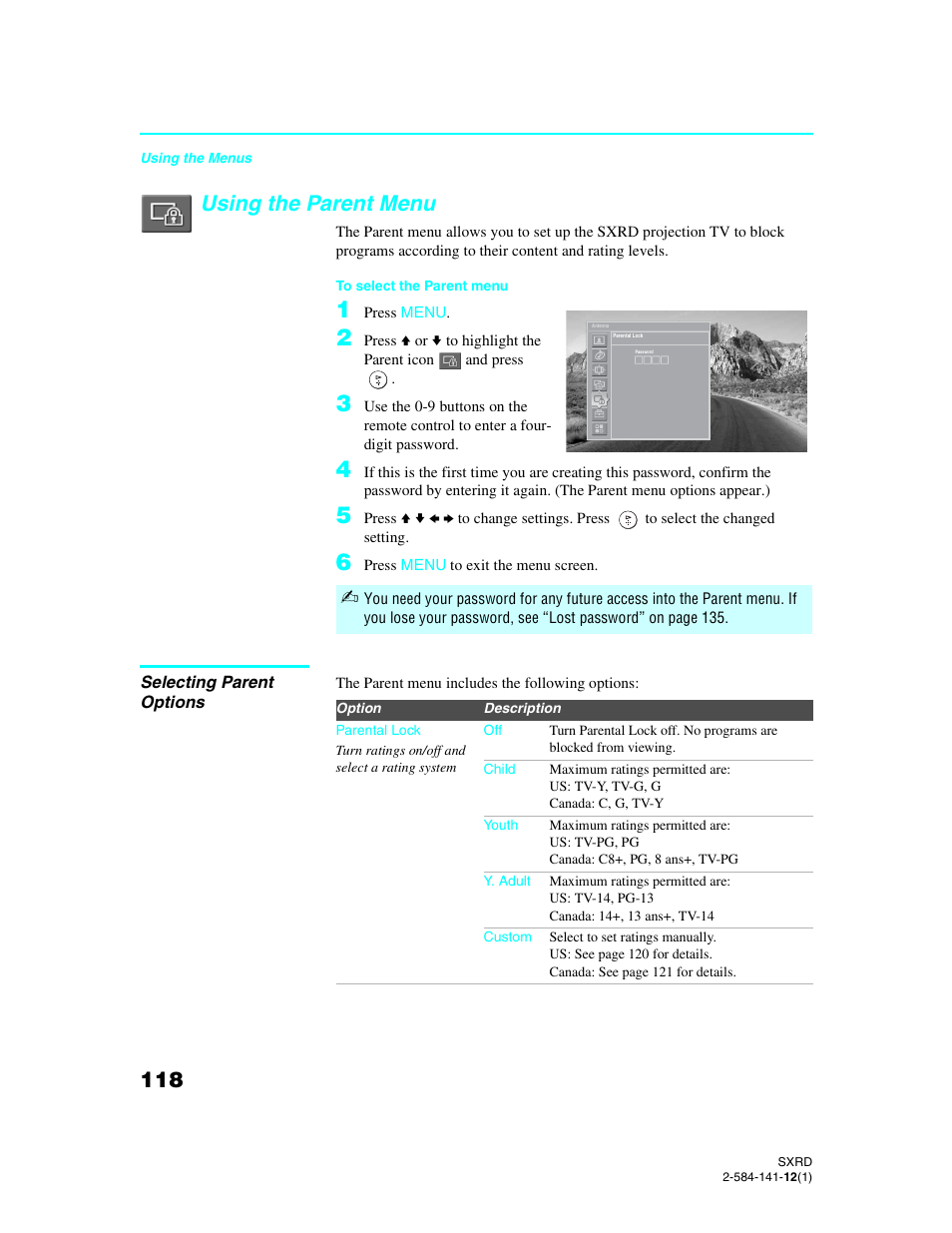 Using the parent menu, Selecting parent options | Sony Qualia 006 User Manual | Page 120 / 147