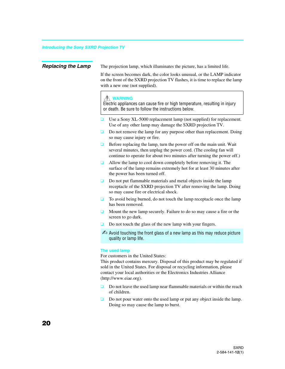 Replacing the lamp | Sony Qualia 006 User Manual | Page 22 / 147