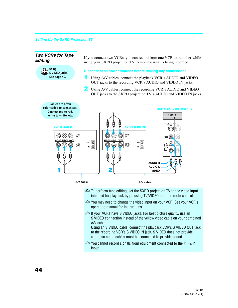 Two vcrs for tape editing | Sony Qualia 006 User Manual | Page 46 / 147
