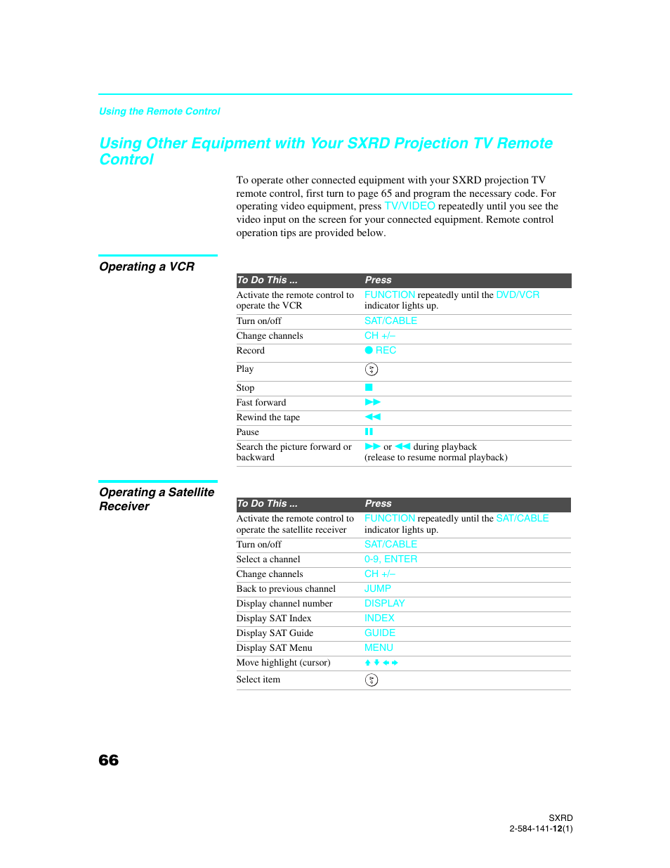 Operating a vcr, Operating a satellite receiver, Using other equipment with your sxrd | Projection tv remote control operating a vcr | Sony Qualia 006 User Manual | Page 68 / 147
