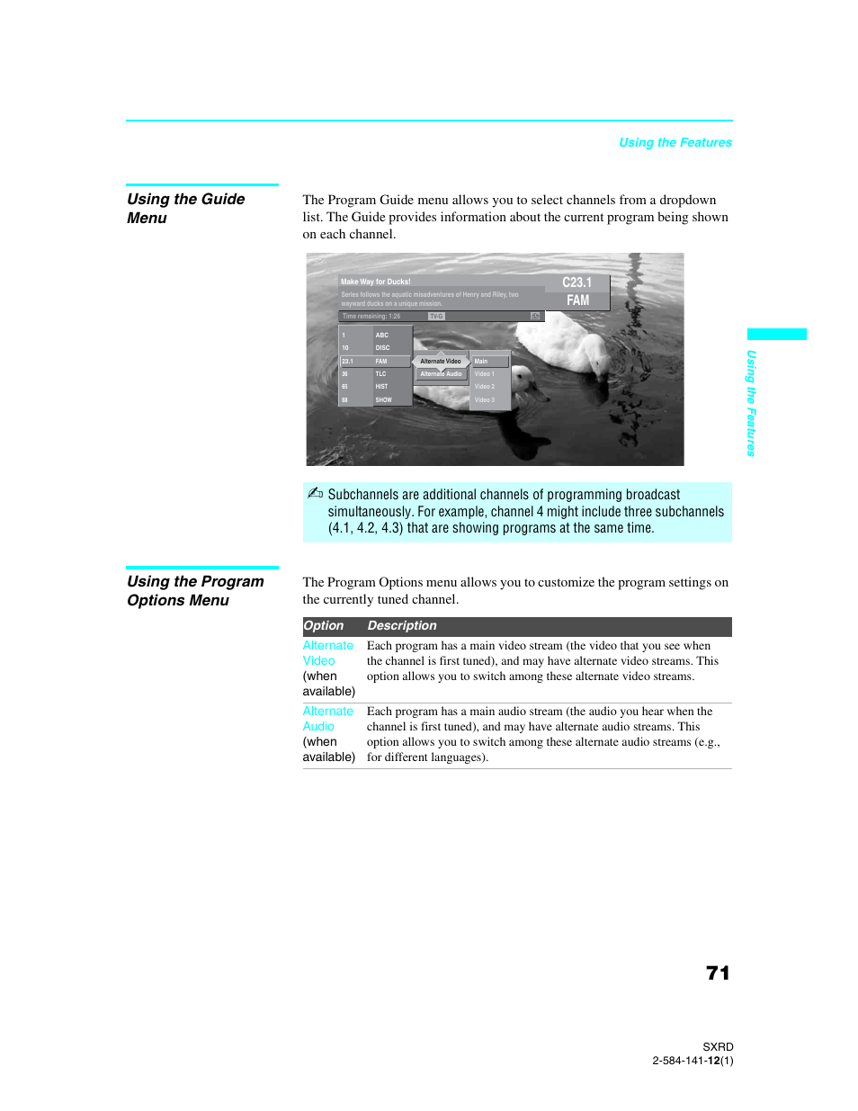 Using the guide menu, Using the program options menu | Sony Qualia 006 User Manual | Page 73 / 147