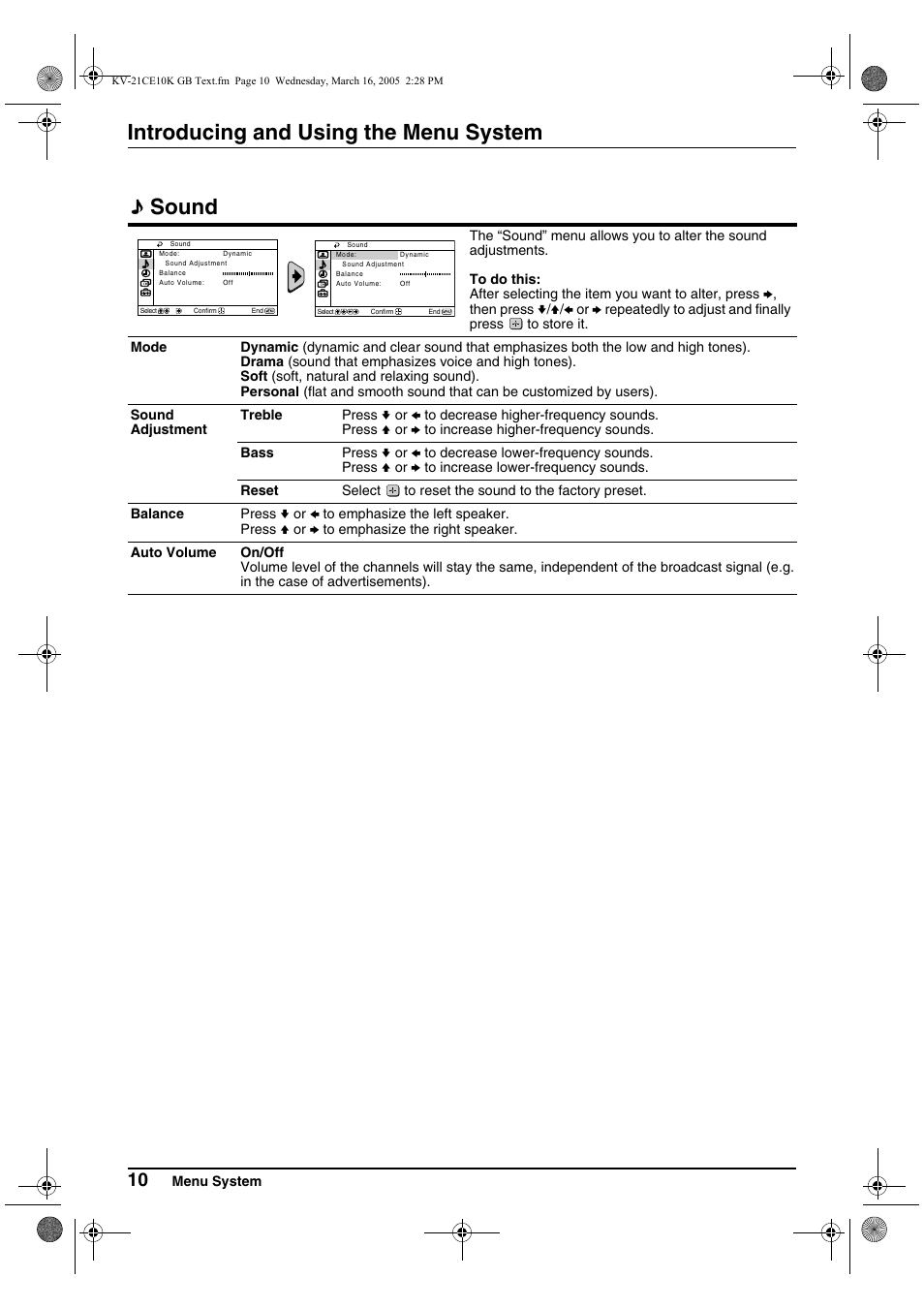 Introducing and using the menu system sound | Sony KV-21CE10K User Manual | Page 10 / 116