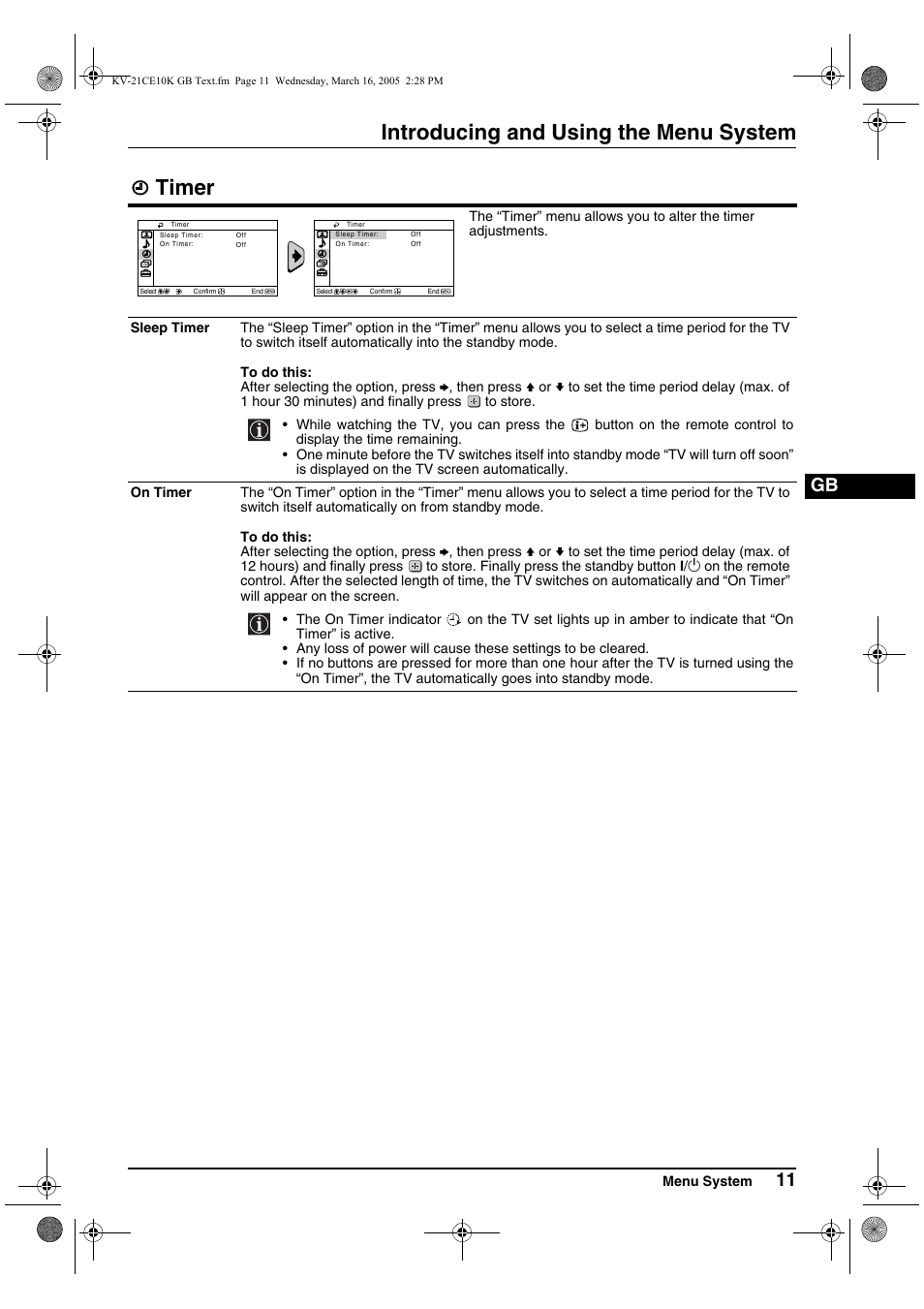 Introducing and using the menu system, Timer | Sony KV-21CE10K User Manual | Page 11 / 116