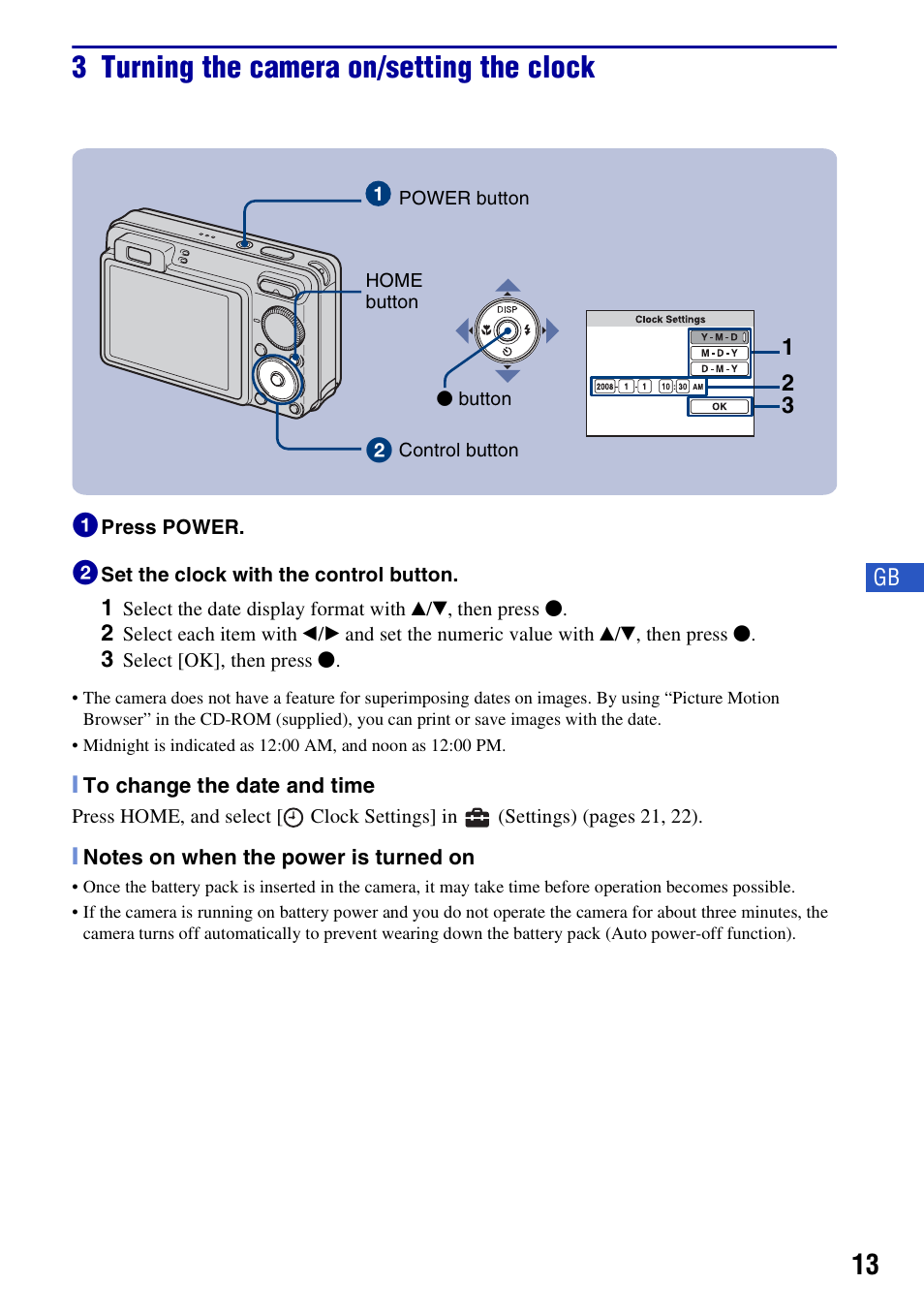 3 turning the camera on/setting the clock | Sony Cyber-shot 3-294-900-61(1) User Manual | Page 13 / 76