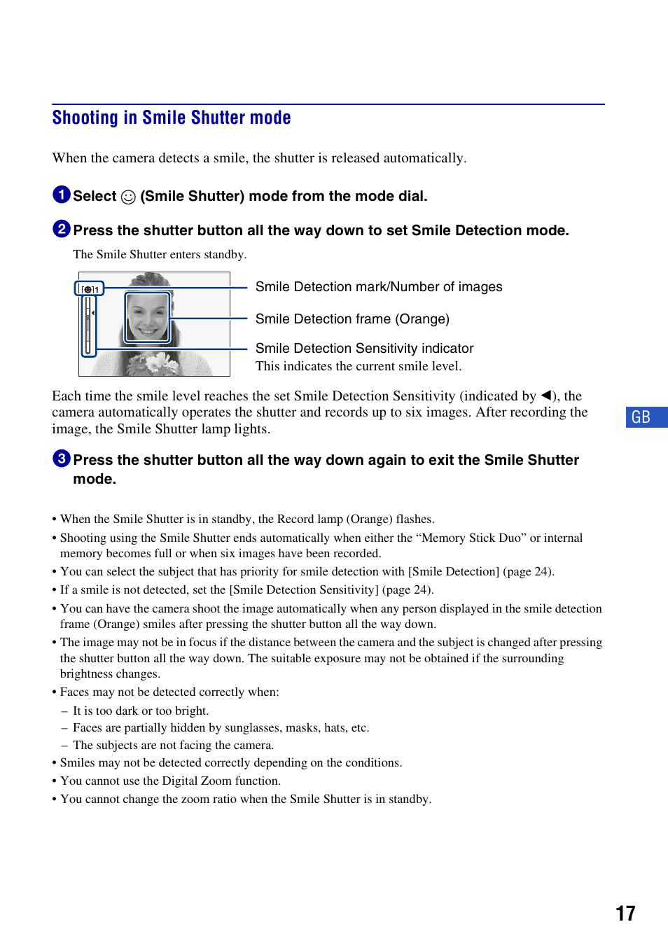 Shooting in smile shutter mode | Sony Cyber-shot 3-294-900-61(1) User Manual | Page 17 / 76