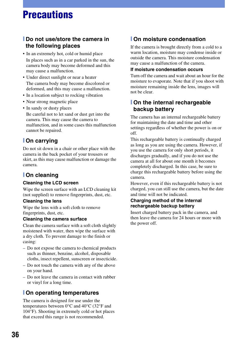 Precautions | Sony Cyber-shot 3-294-900-61(1) User Manual | Page 36 / 76