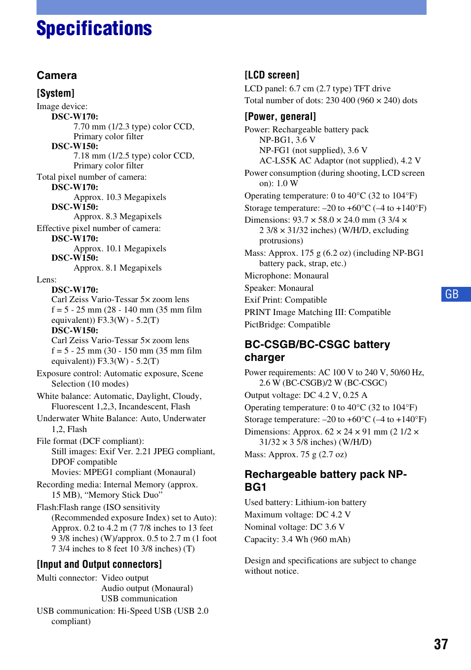 Specifications | Sony Cyber-shot 3-294-900-61(1) User Manual | Page 37 / 76