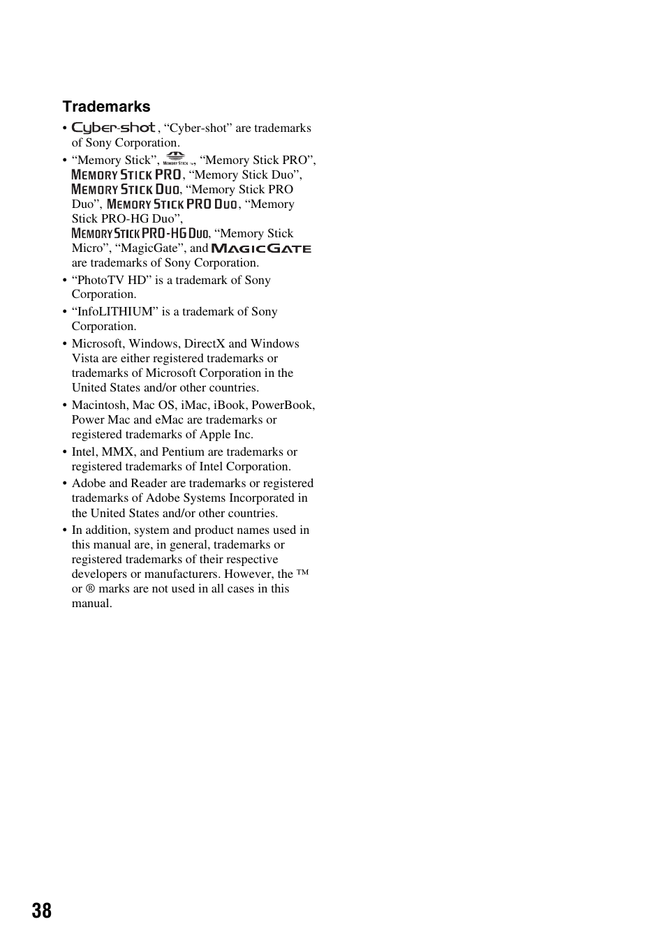 Trademarks | Sony Cyber-shot 3-294-900-61(1) User Manual | Page 38 / 76