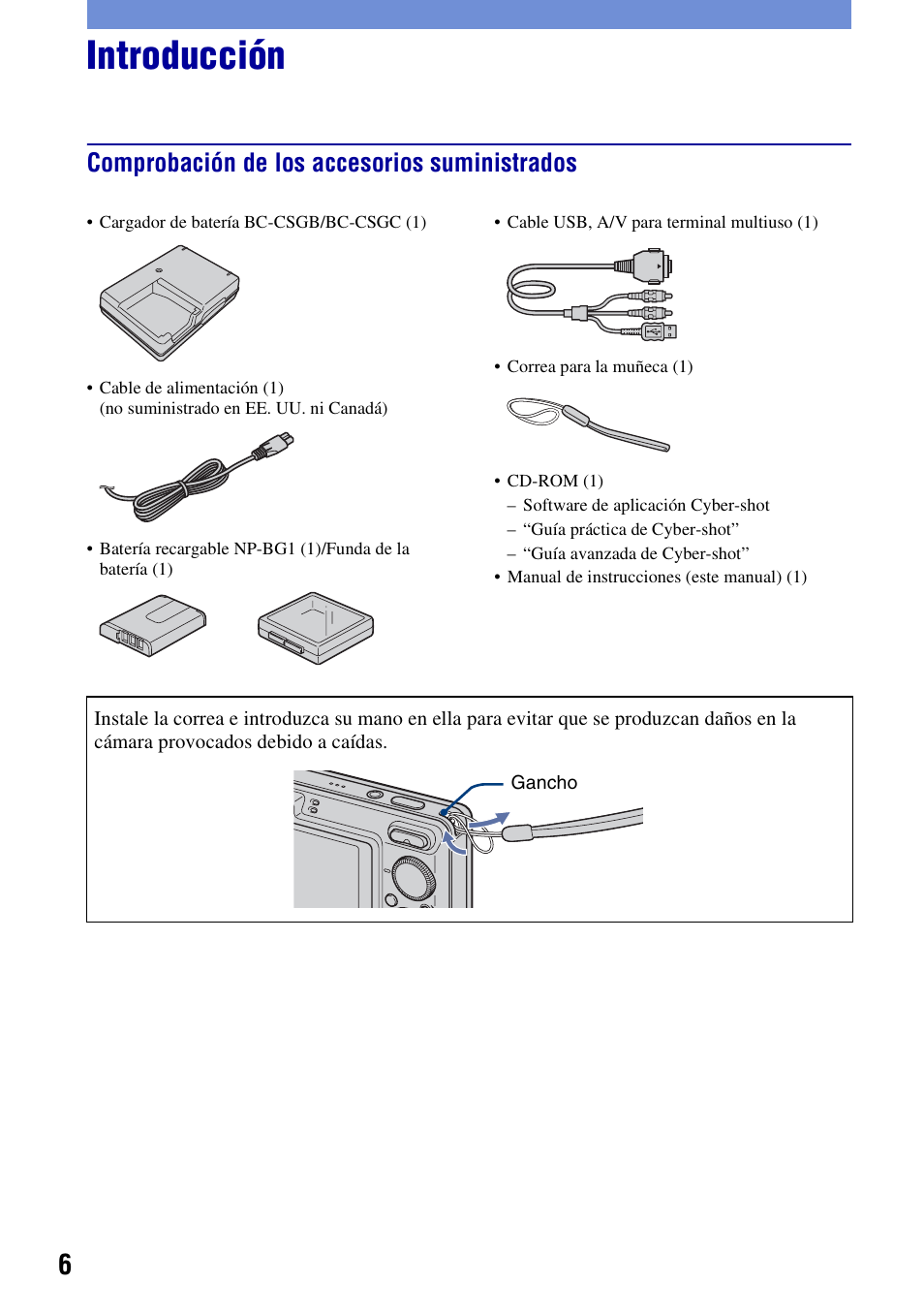 Introducción, Comprobación de los accesorios suministrados | Sony Cyber-shot 3-294-900-61(1) User Manual | Page 44 / 76