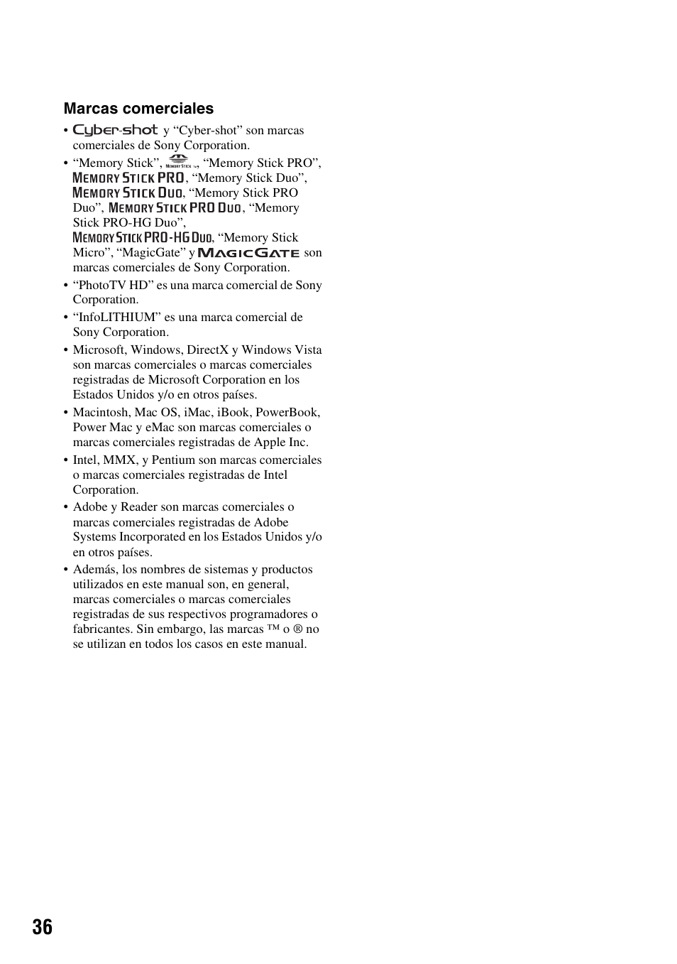 Marcas comerciales | Sony Cyber-shot 3-294-900-61(1) User Manual | Page 74 / 76