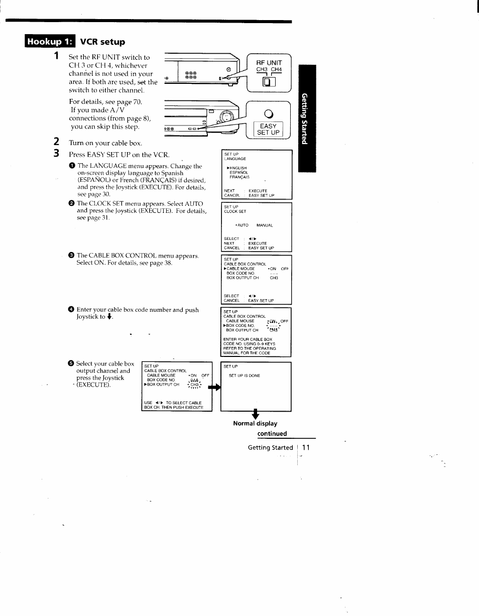 Hookup 1: vcr setup, Turn on your cable box, Press easy set up on the vcr. o | Getting started 11 | Sony SLV-775HF User Manual | Page 11 / 80