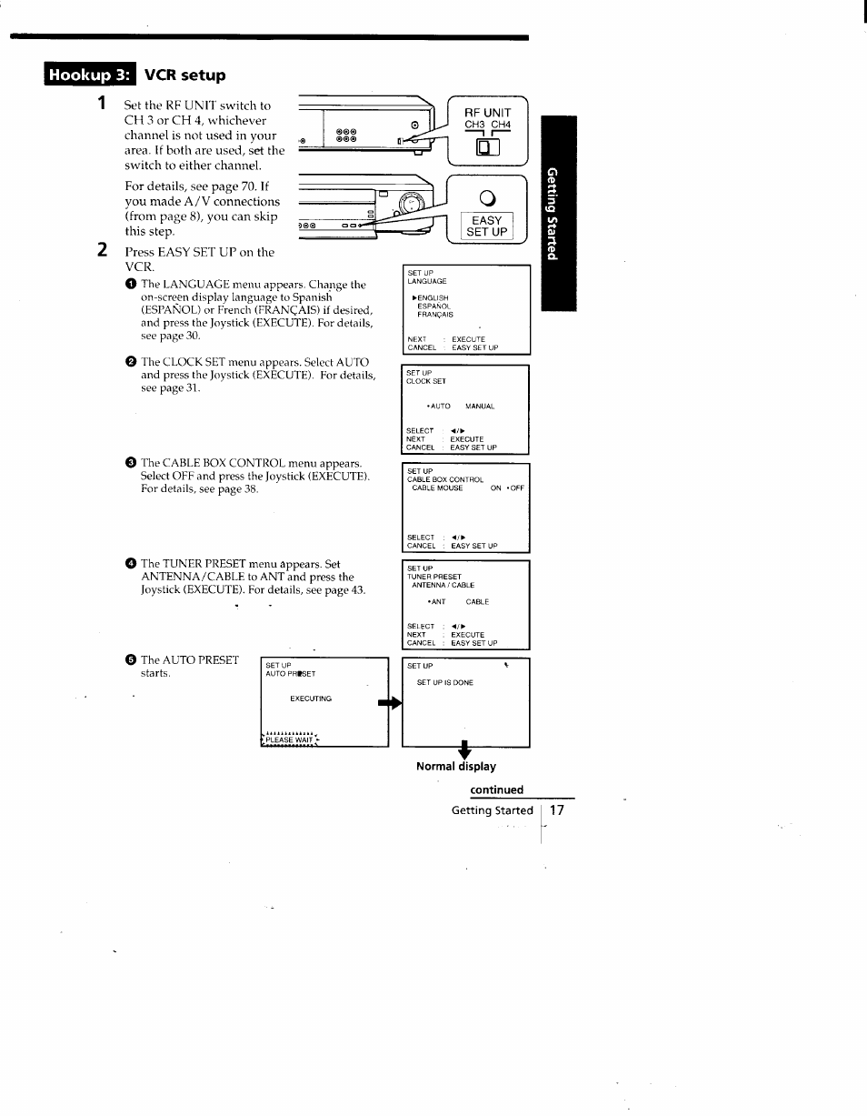 Hookup 3: vcr setup, Getting started 17 | Sony SLV-775HF User Manual | Page 17 / 80