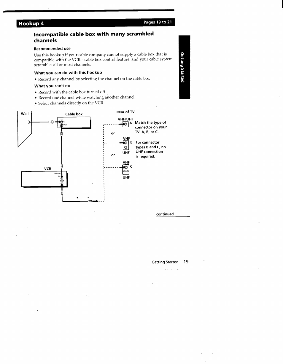 Recommended use, What you can do with this hookup, Cable box | Rear of tv vhf/uhf, Continued, Hookup 4 | Sony SLV-775HF User Manual | Page 19 / 80