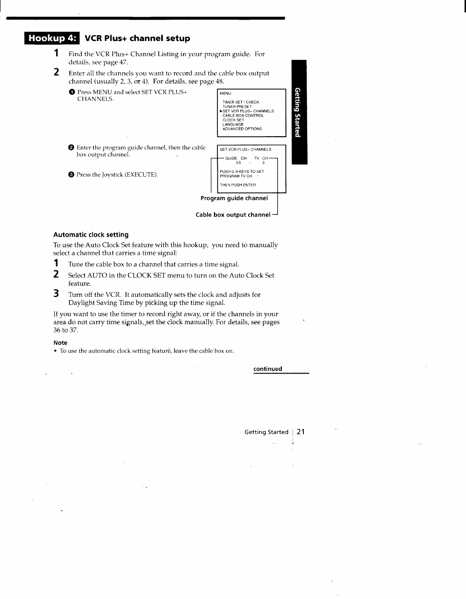 Program guide channel cable box output channel, Note, Continued | Hookup 4: vcr plus+ channel setup | Sony SLV-775HF User Manual | Page 21 / 80