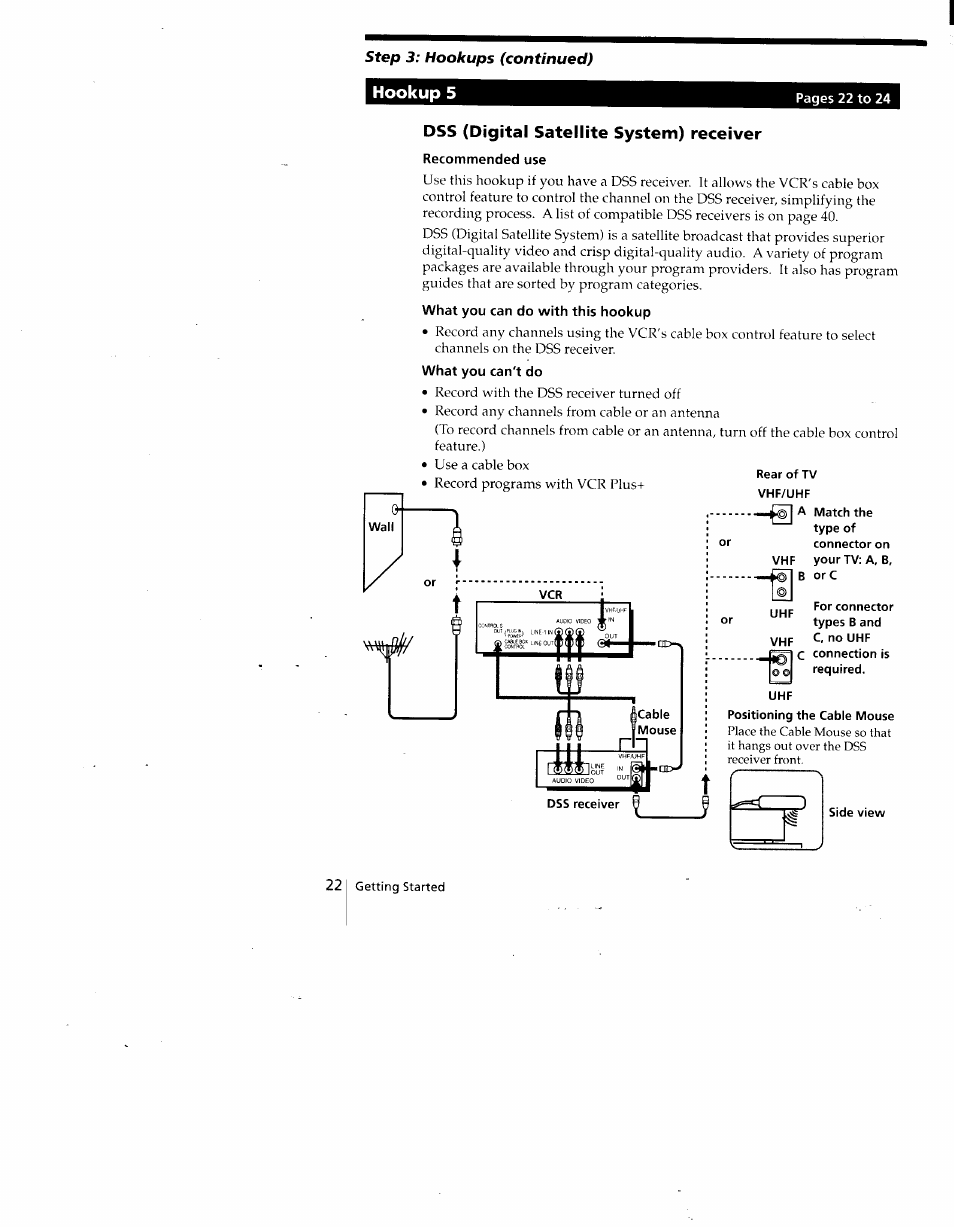 Hookup 5, Dss (digital satellite system) receiver, Recommended use | What you can do with this hookup, What you can't do, Step 3: hookups (continued) | Sony SLV-775HF User Manual | Page 22 / 80