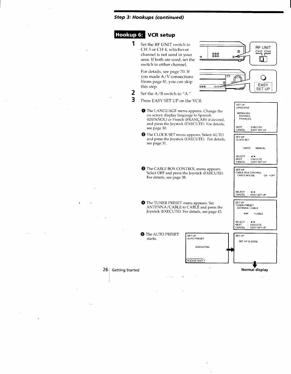 Hookup 6, Vcr setup, Hookup 6: vcr setup | Step 3: hookups (continued), Set the a/b switch to "a, Press easy set up on the vcr | Sony SLV-775HF User Manual | Page 26 / 80