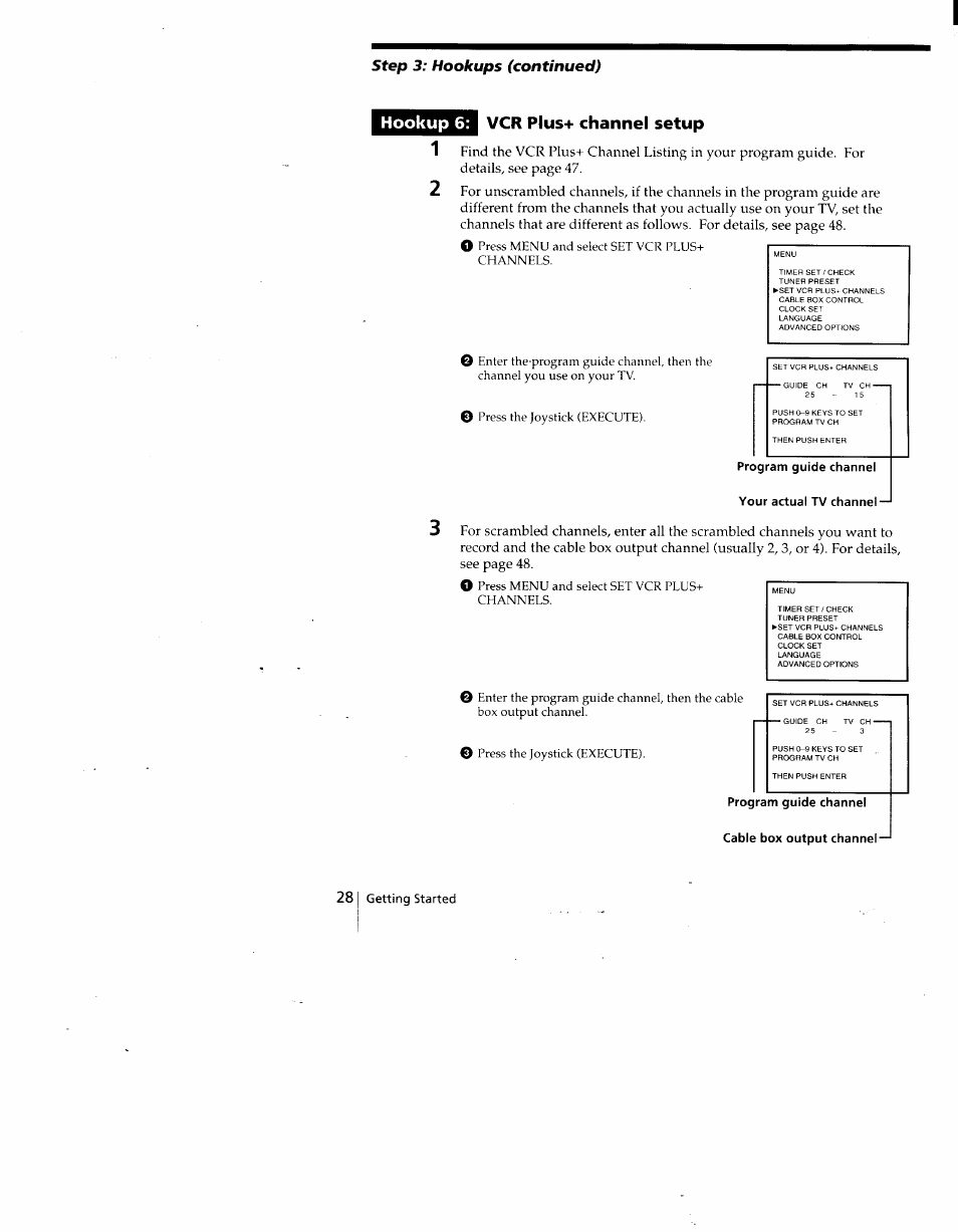 Hookup 6, Vcr plus+ channel setup, Hookup 6: vcr plus+ channel setup | Step 3: hookups (continued) | Sony SLV-775HF User Manual | Page 28 / 80