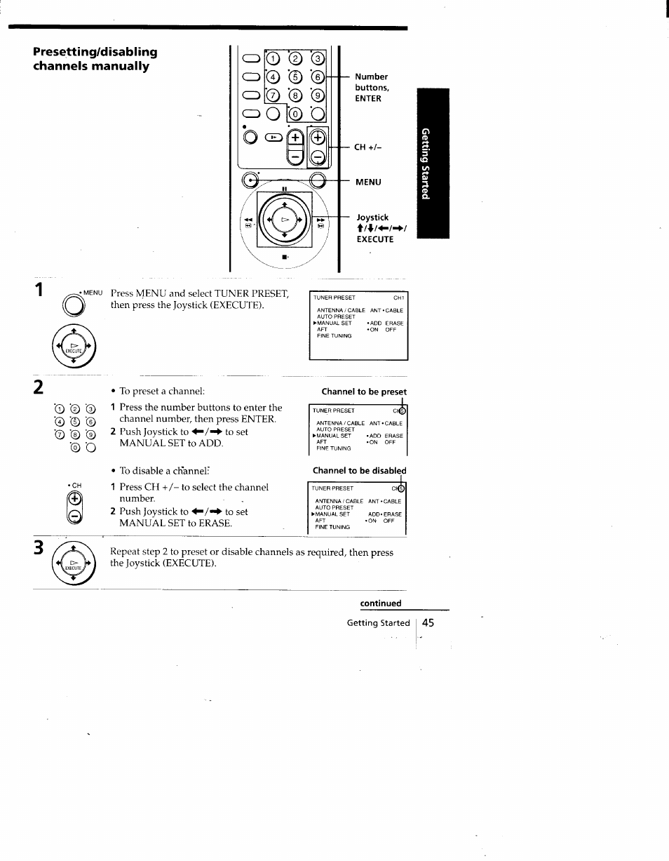 Presetting/disabling channels manually, Press ch +/- to select the channel number, Push joystick to to set manual set to erase | Sony SLV-775HF User Manual | Page 45 / 80