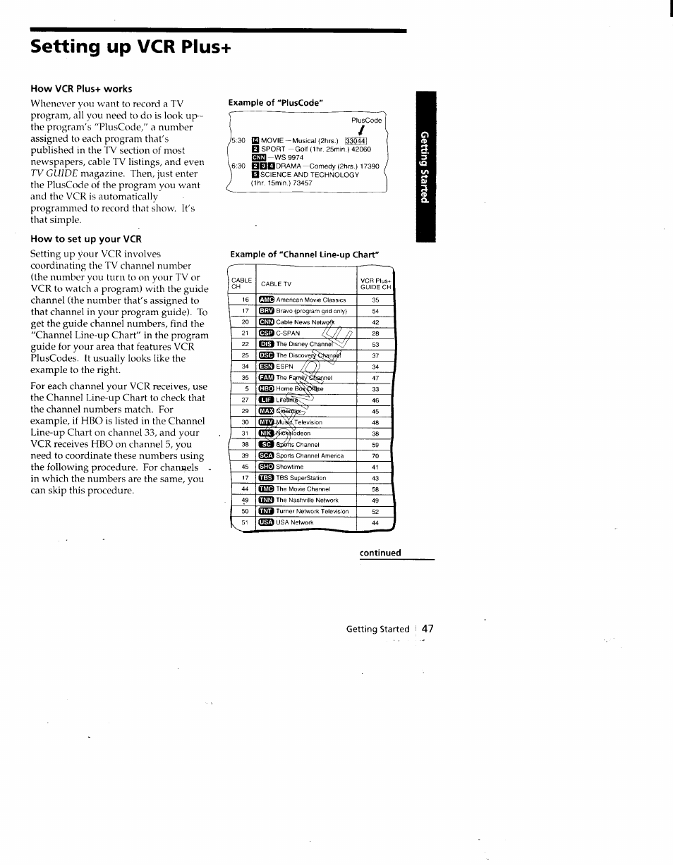 Setting up vcr plus, How vcr plus+ works, How to set up your vcr | Getting started i 47 | Sony SLV-775HF User Manual | Page 47 / 80