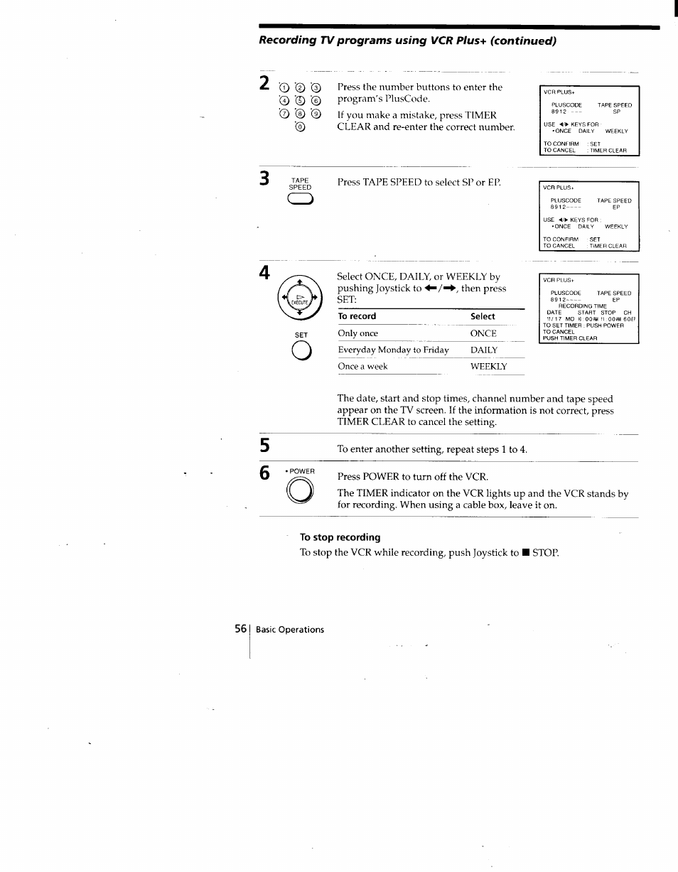 Select, To stop recording, Recording tv programs using vcr plus+ (continued) | Press tape speed to select sp or ep, I stop, Basic operations | Sony SLV-775HF User Manual | Page 56 / 80